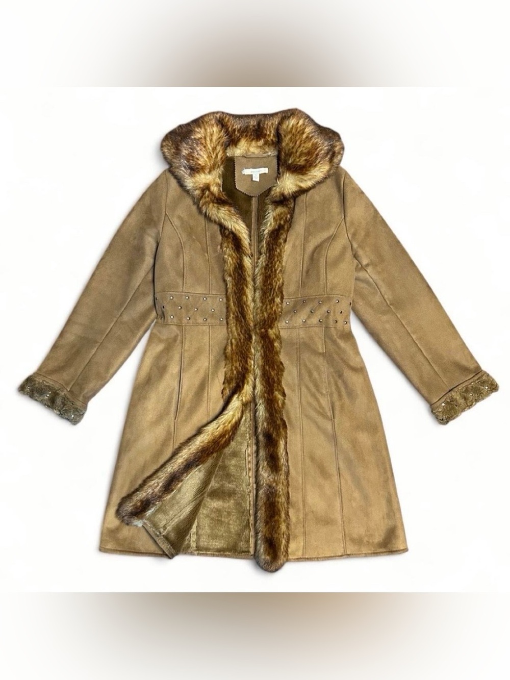 Y2K Brown Suede Duster Coat with Faux Fur Lining and Studded waist